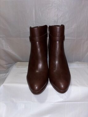 Kelly & Katie Chocolate Brown Leather Ankle Booties with Buckle Strap